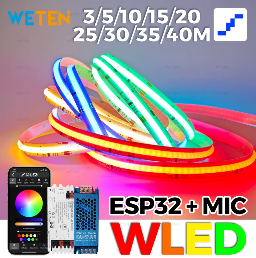 Kit WETEN WLED RGBIC COB 24V con controlador ESP32, micrófono integrado y tira LED WS2811