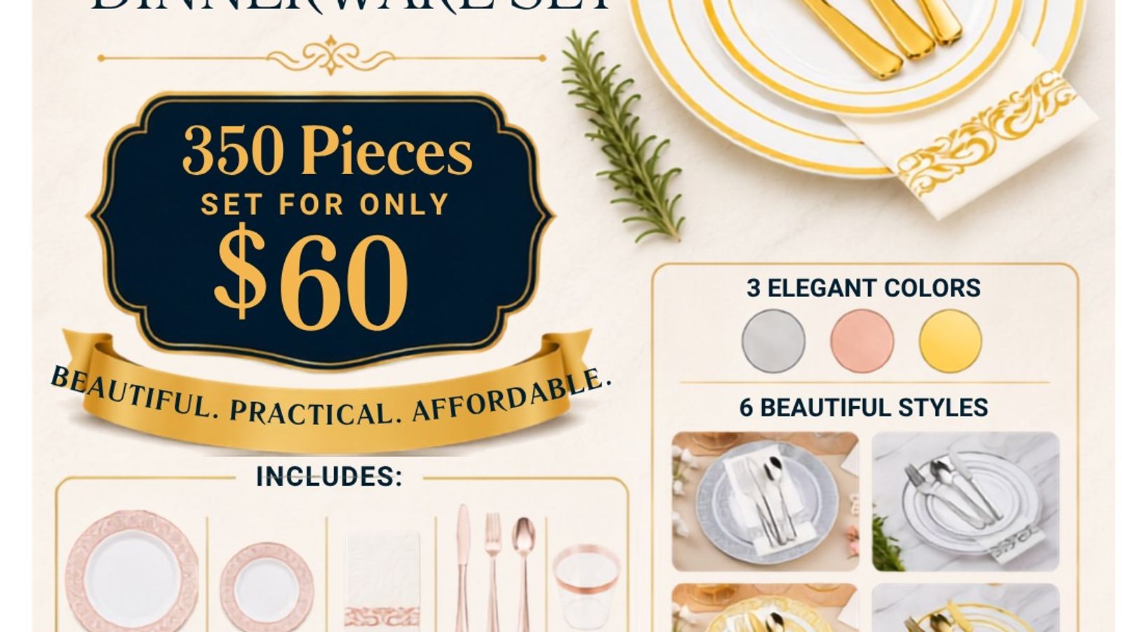 Elegant Plastic Dinnerware Set $60 for 350 peices!