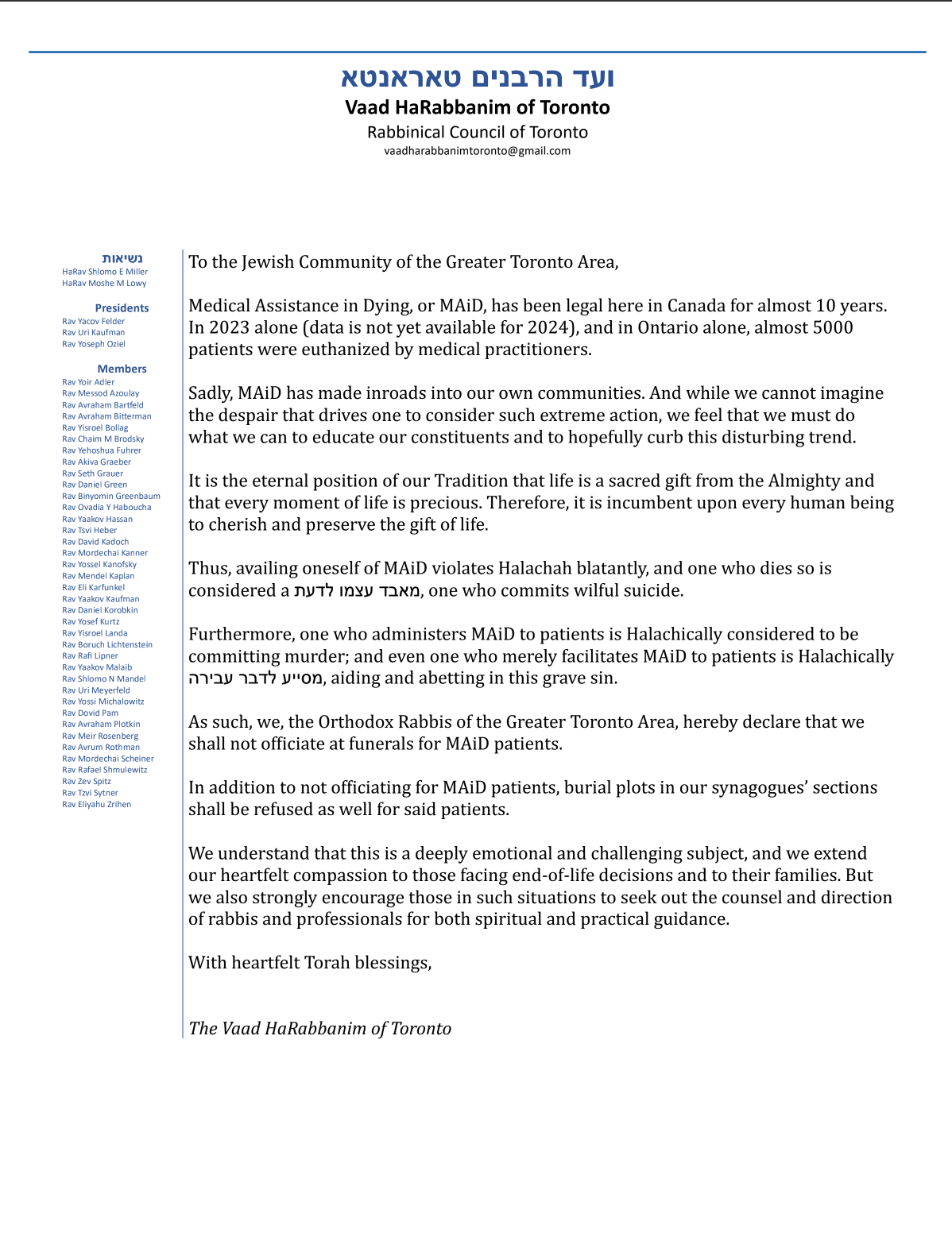 TORONTO ORTHODOX RABBIS ANNOUNCE FUNERAL AND BURIAL RESTRICTIONS FOR THOSE WHO CHOOSE MAiD