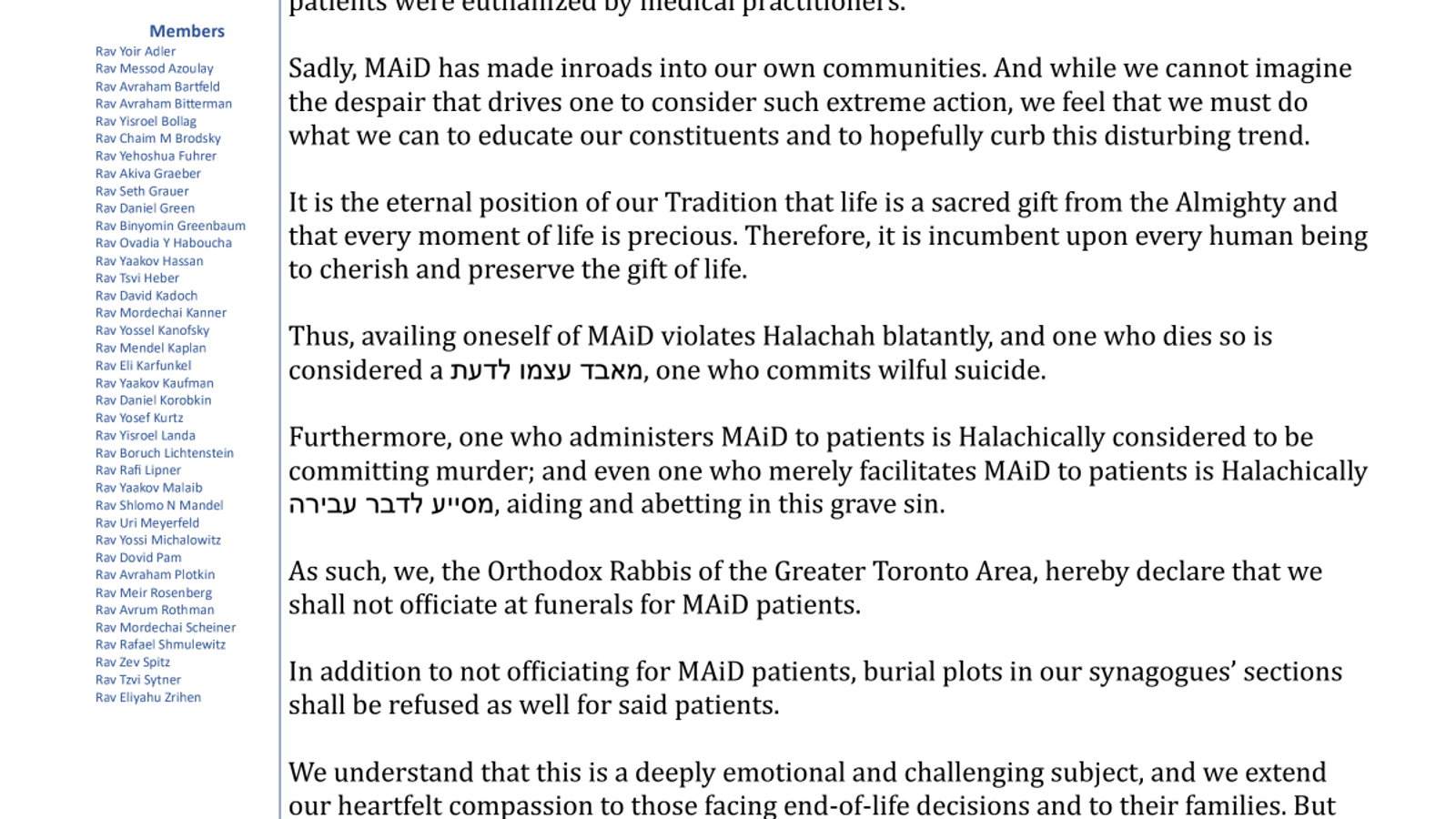 TORONTO ORTHODOX RABBIS ANNOUNCE FUNERAL AND BURIAL RESTRICTIONS FOR THOSE WHO CHOOSE MAiD