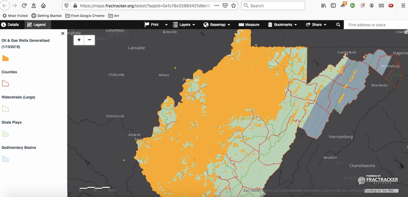state of WV with large swaths of orange indicating general oil and gas wells