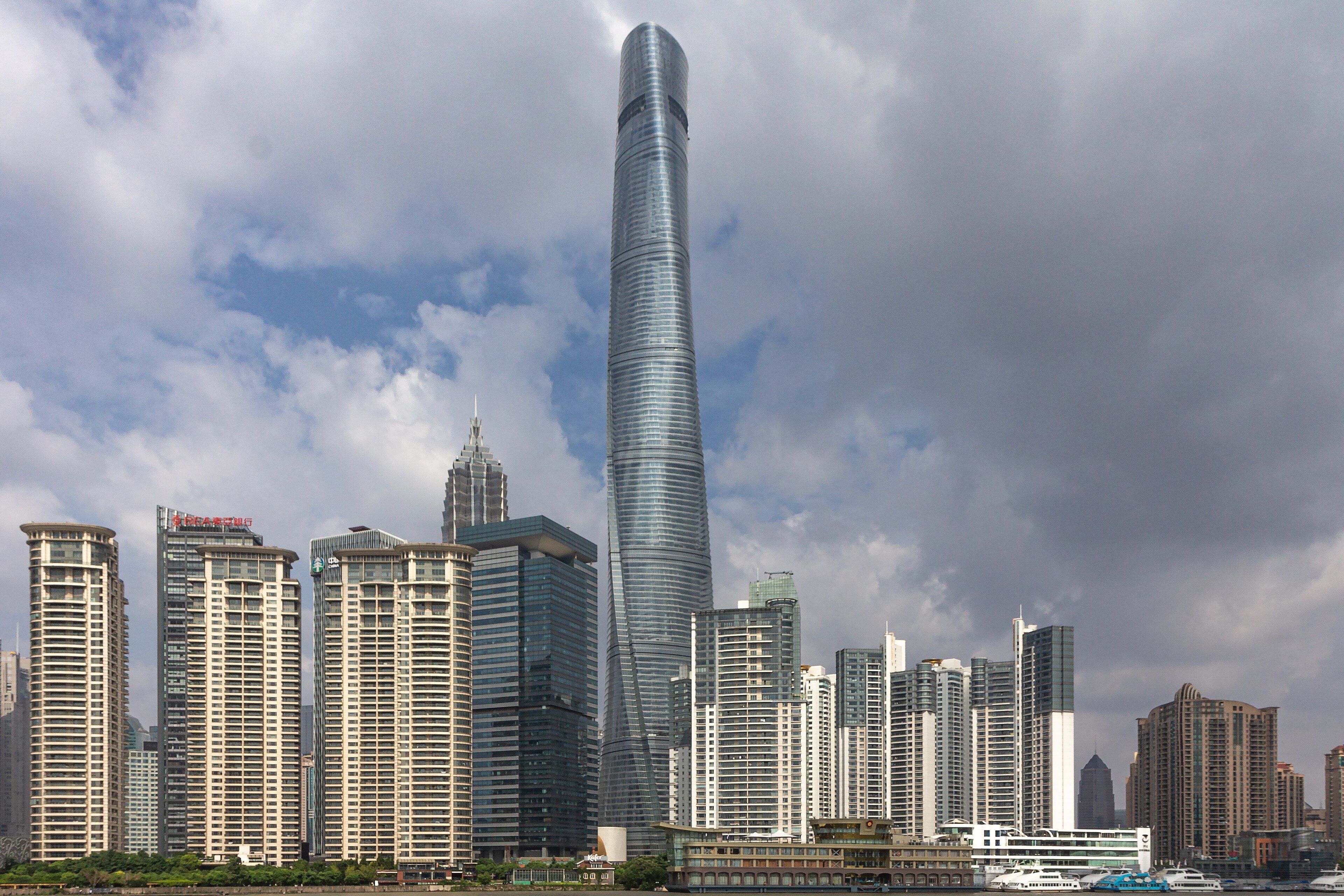 The twisting glass Shanghai Tower rising above the surrounding Lujiazui high-rises
