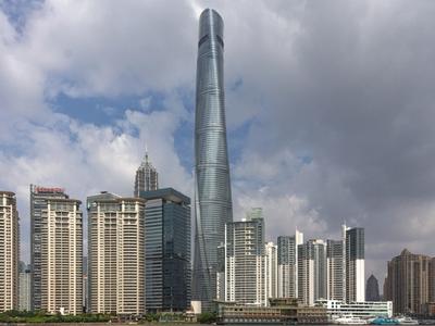 The twisting glass Shanghai Tower rising above the surrounding Lujiazui high-rises
