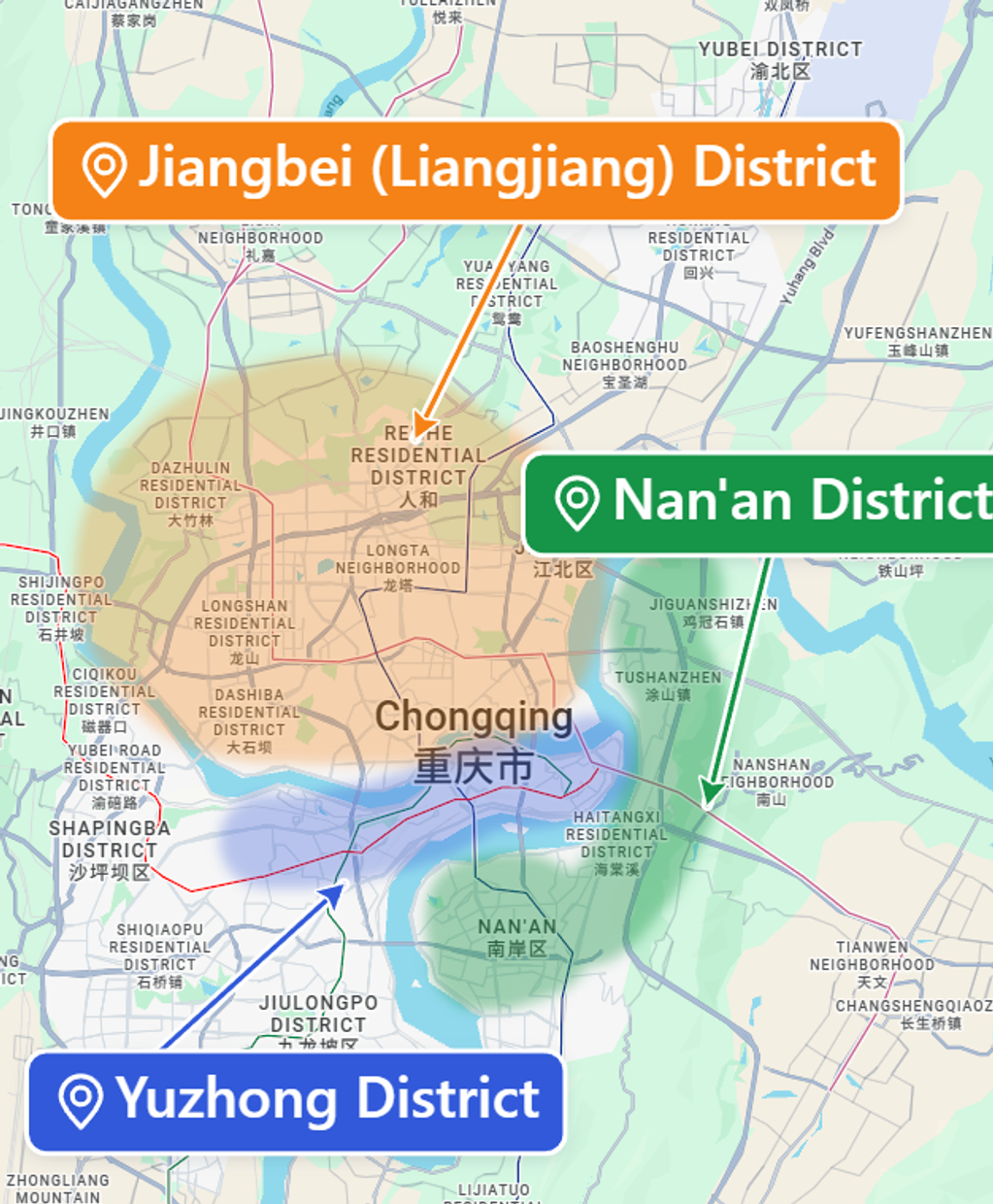 Chongqing Map with 3 district labeled