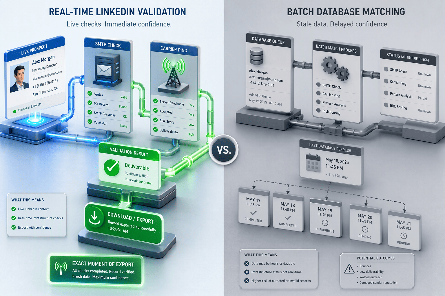 Illustration for How Real-Time LinkedIn Validation Contrasts with Batch Database Matching