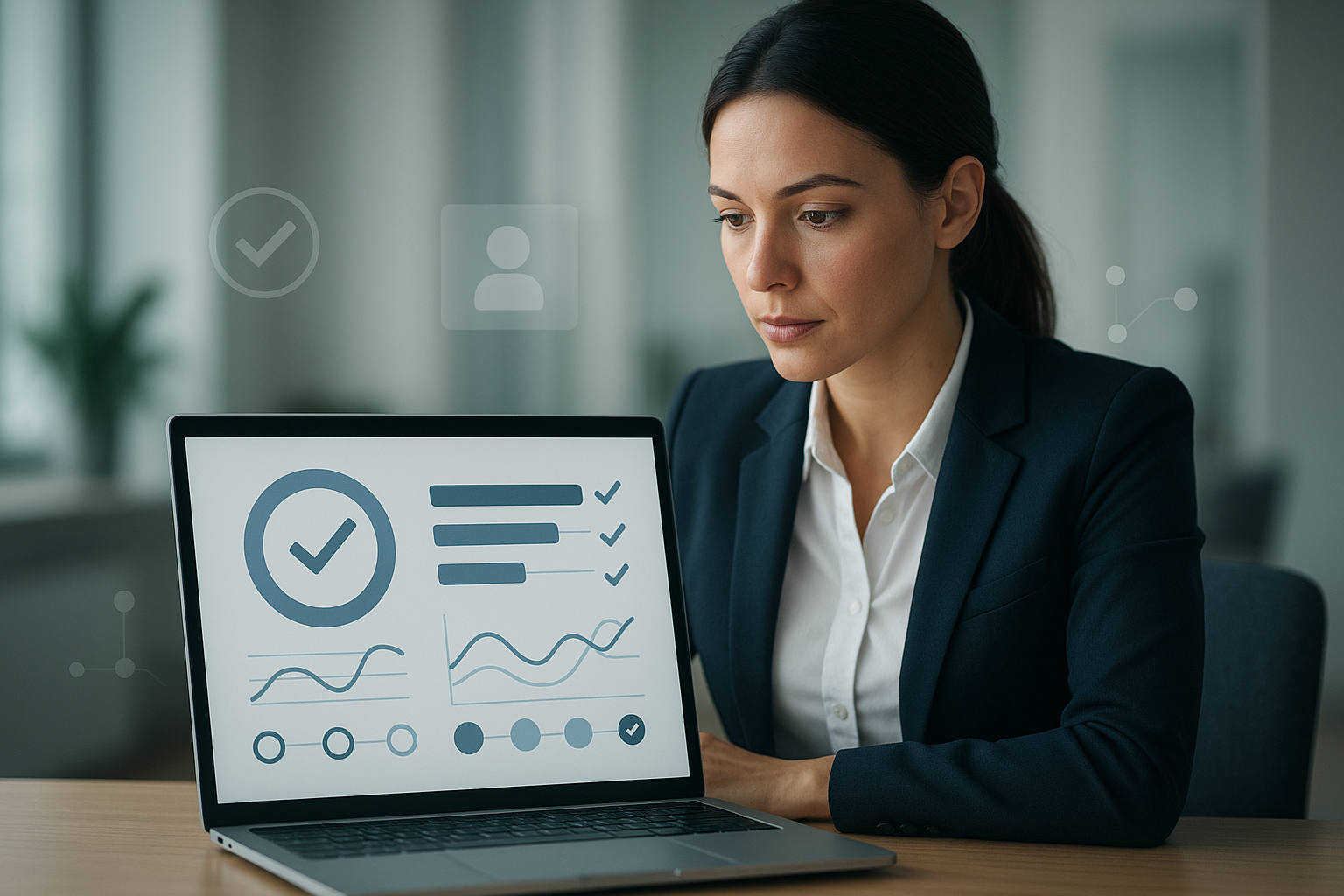 Sales professional evaluating contact discovery tools on laptop with accuracy metrics displayed