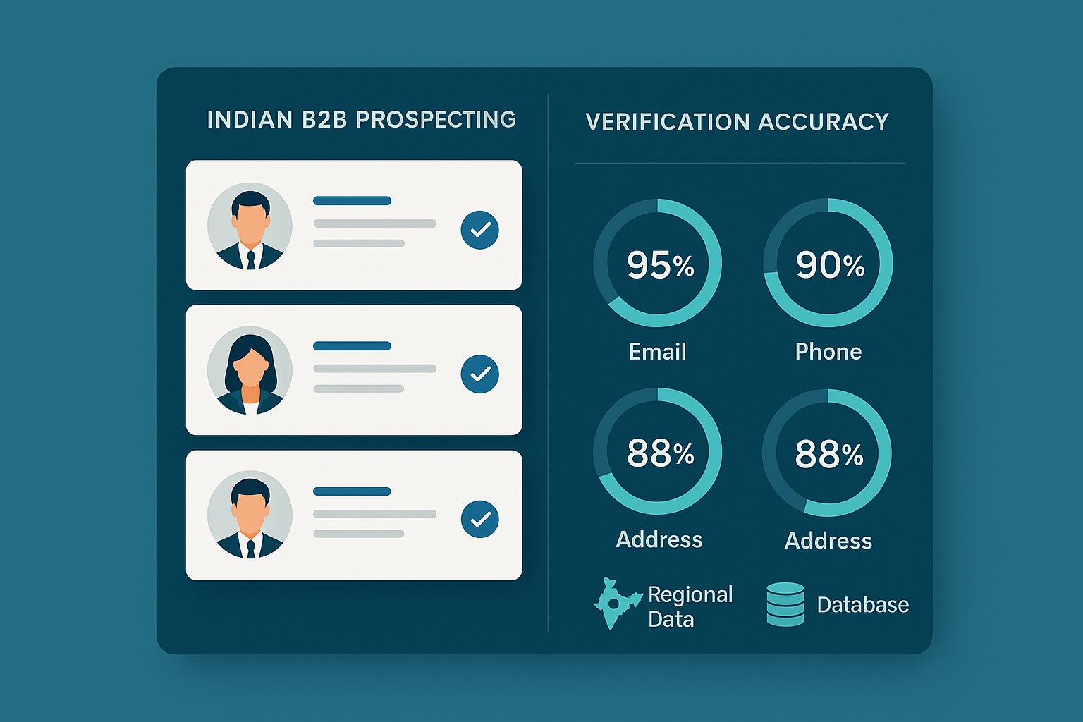 Professional dashboard showing verified Indian B2B contact data with accuracy metrics and LinkedIn integration