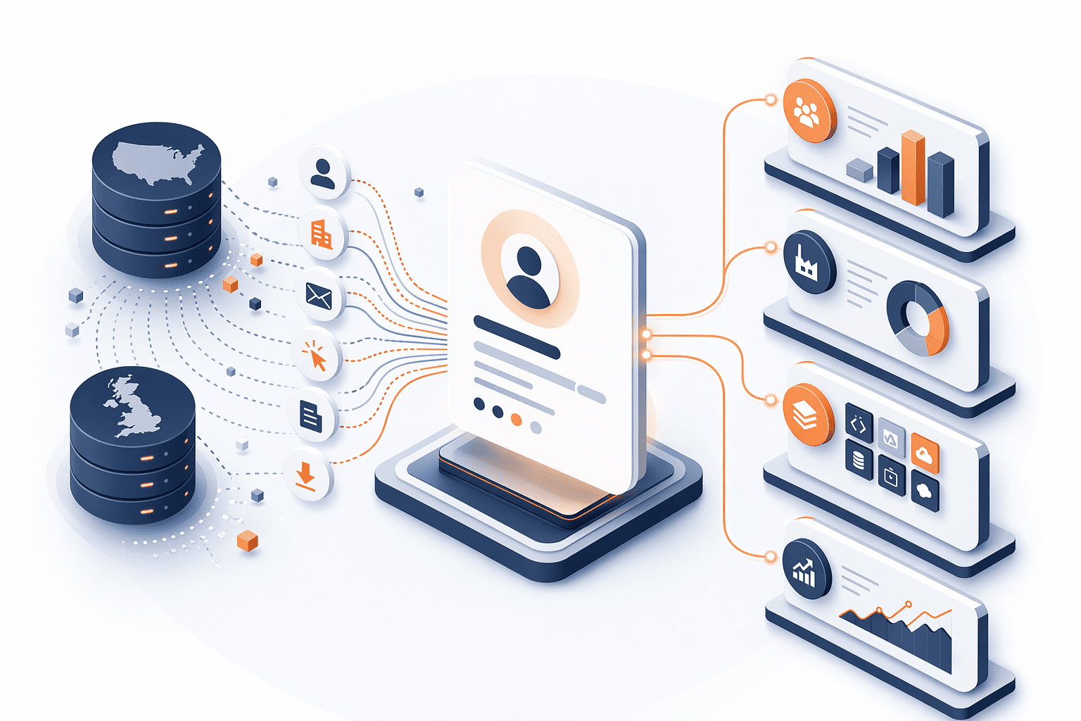 Illustration for: 7. Clearbit (HubSpot), CRM-Native Enrichment, US/UK Bias