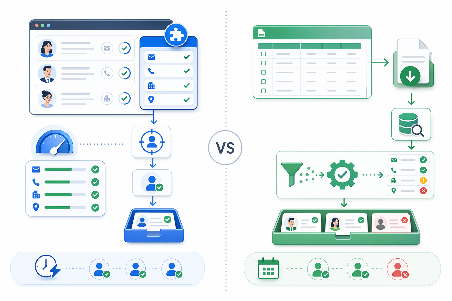 Comparison chart showing pre-download verification versus post-export enrichment workflows