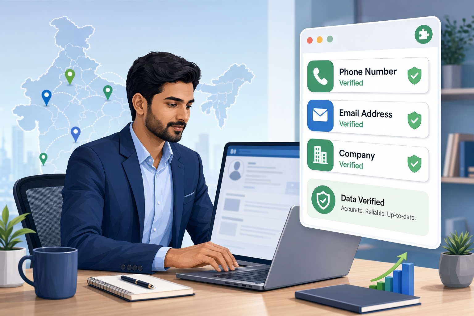 Sales professional using Chrome extension on LinkedIn to find Indian business contacts with verified phone numbers and emails