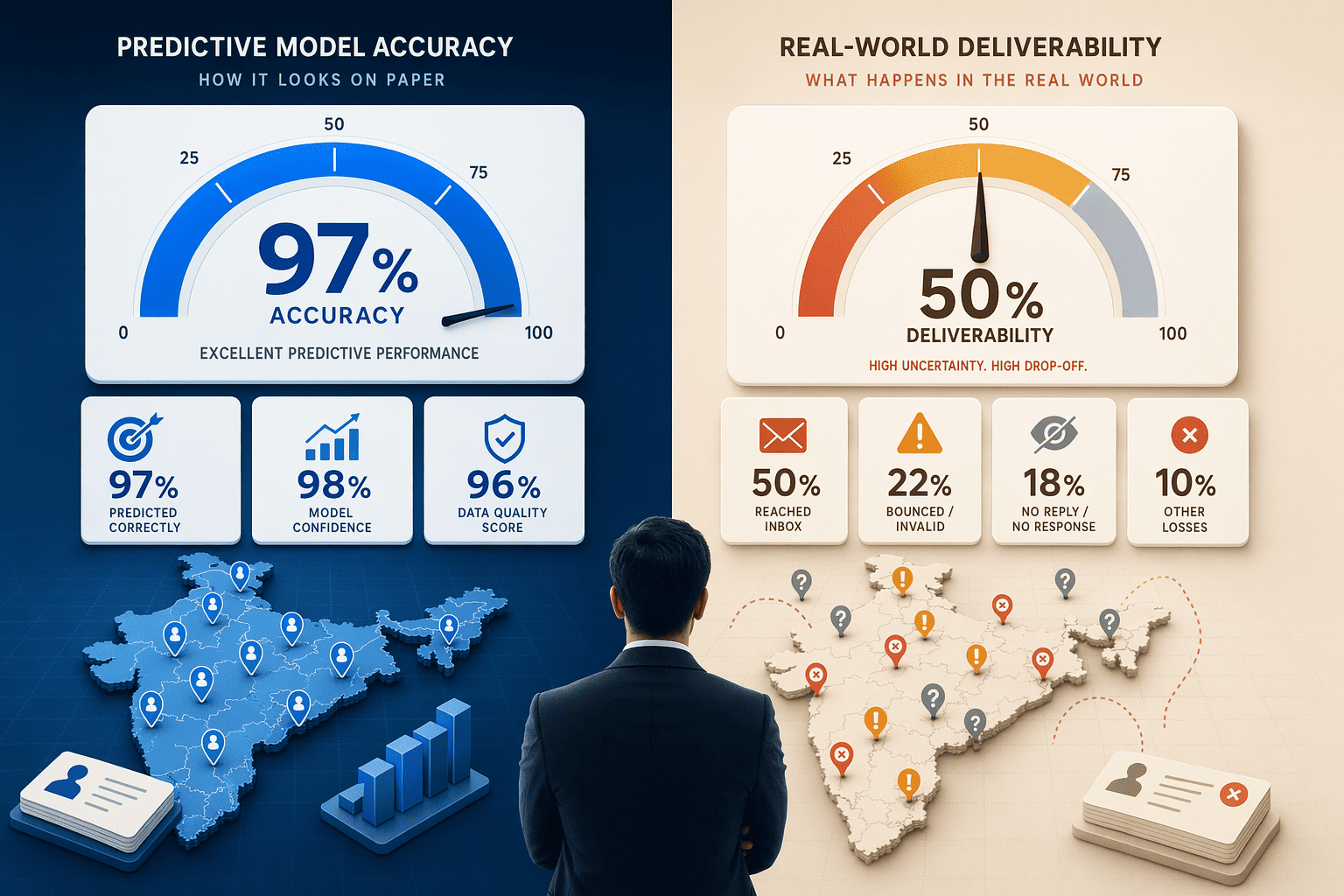 Illustration for: Why Advertised Accuracy Rarely Matches Real-World Deliverability for Indian B2B