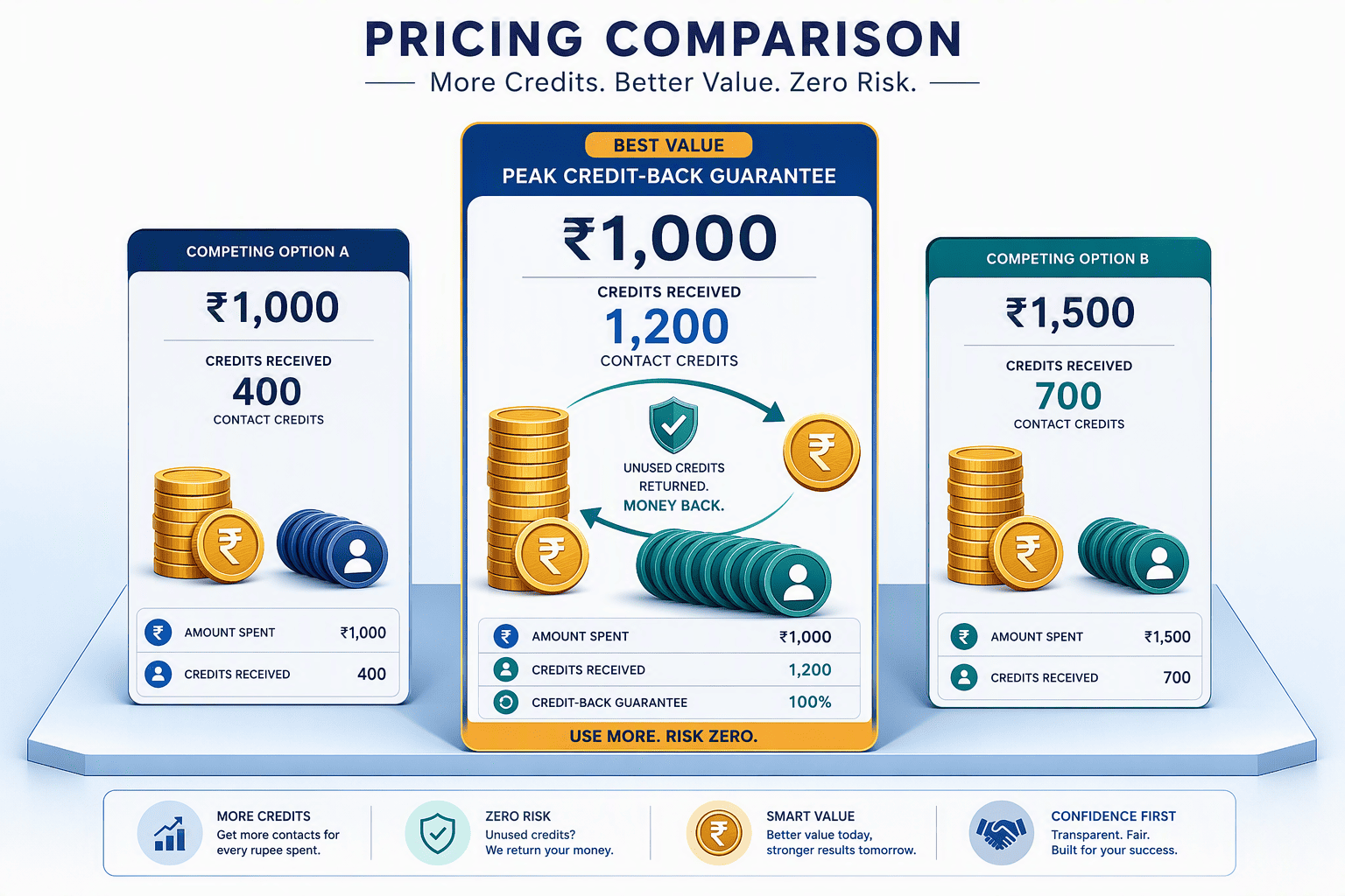 Illustration for Pricing, Credit-Back Guarantee, and Cost Comparison in Rupees