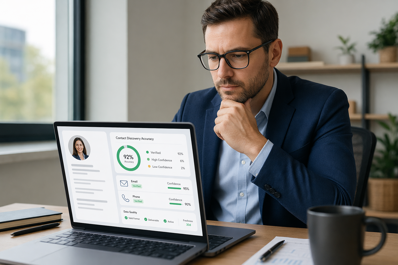 Sales professional reviewing LinkedIn contact data accuracy metrics on a dashboard