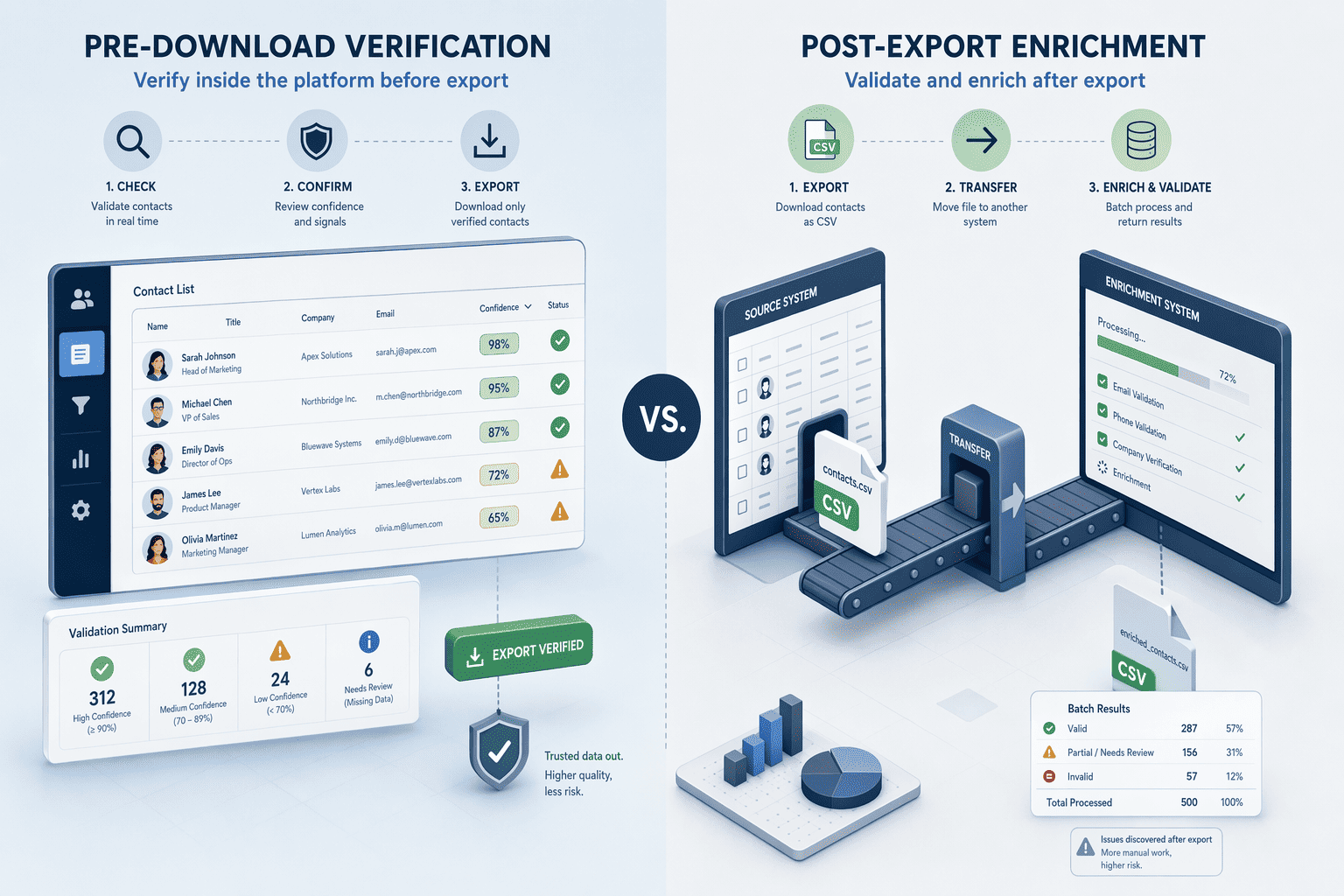 Illustration for: Pre-Download Verification vs. Post-Export Enrichment: Architecture Comparison