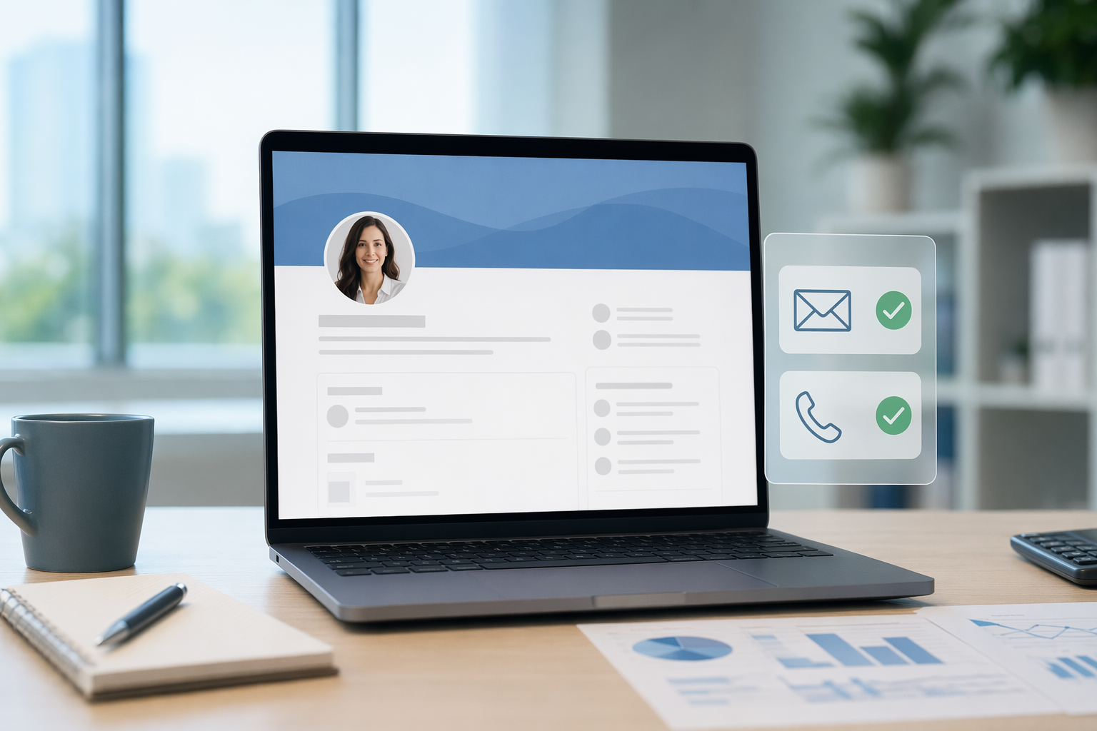 Sales professional using laptop with contact data overlay and verification checkmarks
