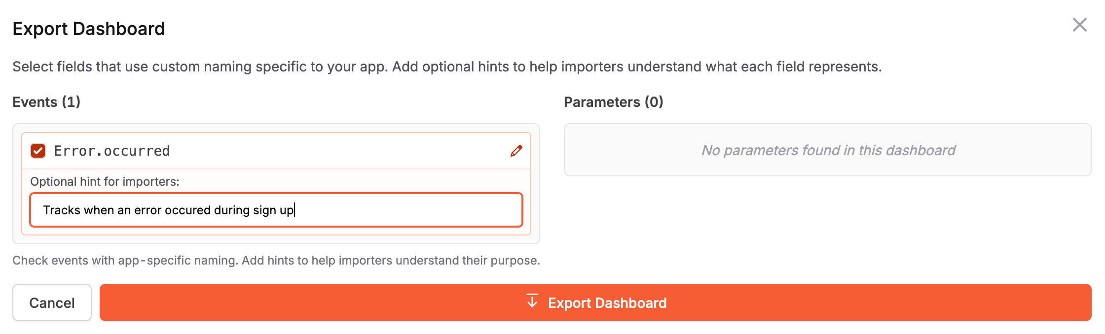 Describe custom events for Importers to understand what each field represents. For example "error.occurred" is described as "Tracks when an error occured during sign up"
