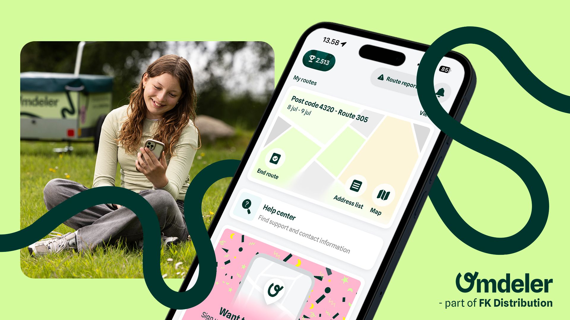Umdeler app screenshot, logo and a yound person sitting in the grass looking at their phone.