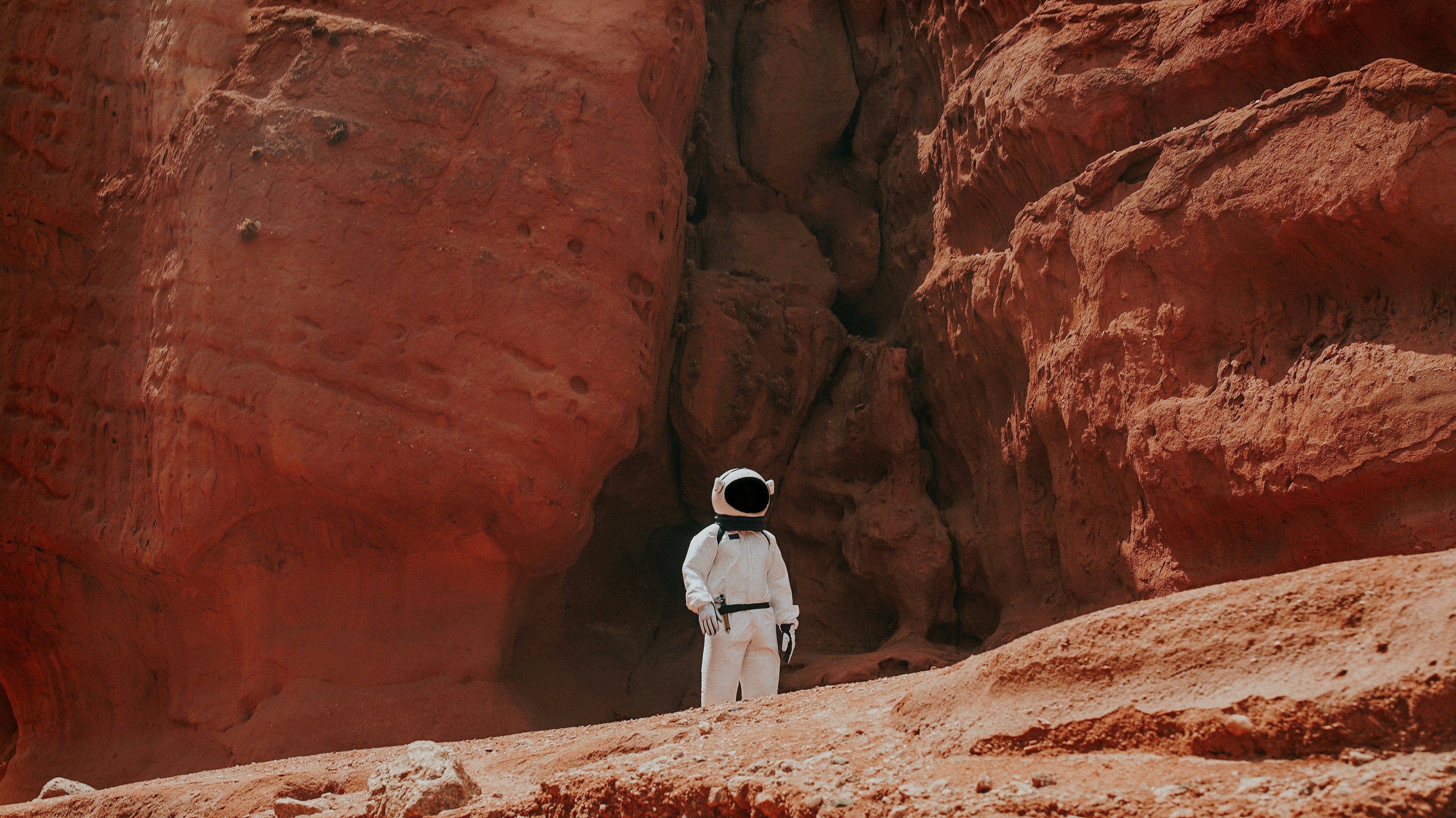 An astronaut standing in a canyon. Photo by Nicolas Lobos on Unsplash.