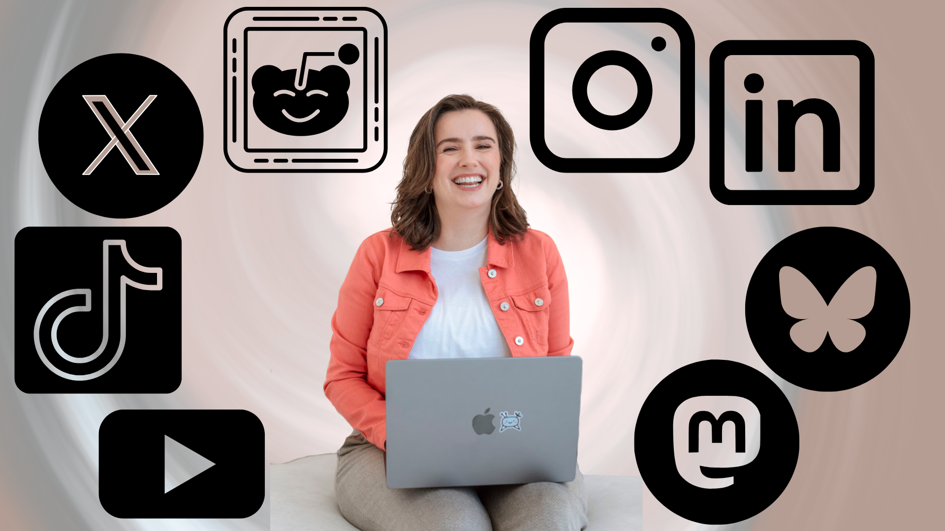 Lisa with an MacBook on her lap, surrounded by logos from YouTube, TikTok, X, Reddit, Instagram, LinkedIn, Bluesky, and Mastodon