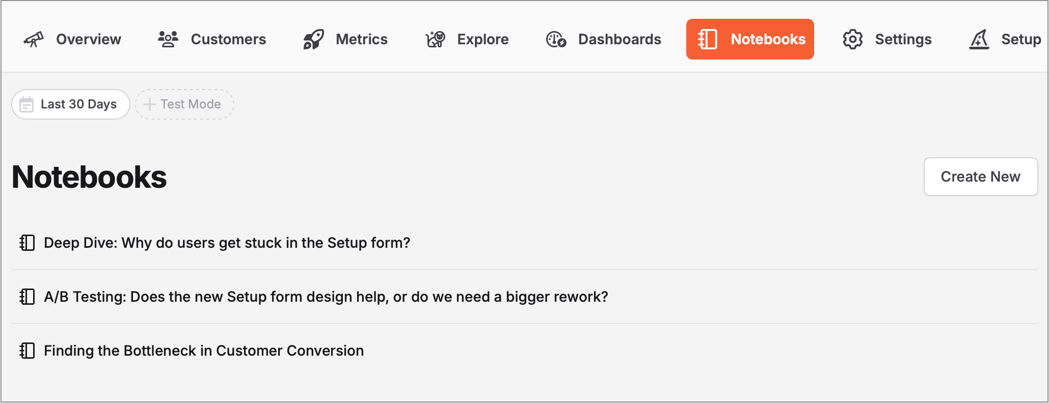 Notebooks tab in the TelemetryDeck Web Dashboard with a List of Documents