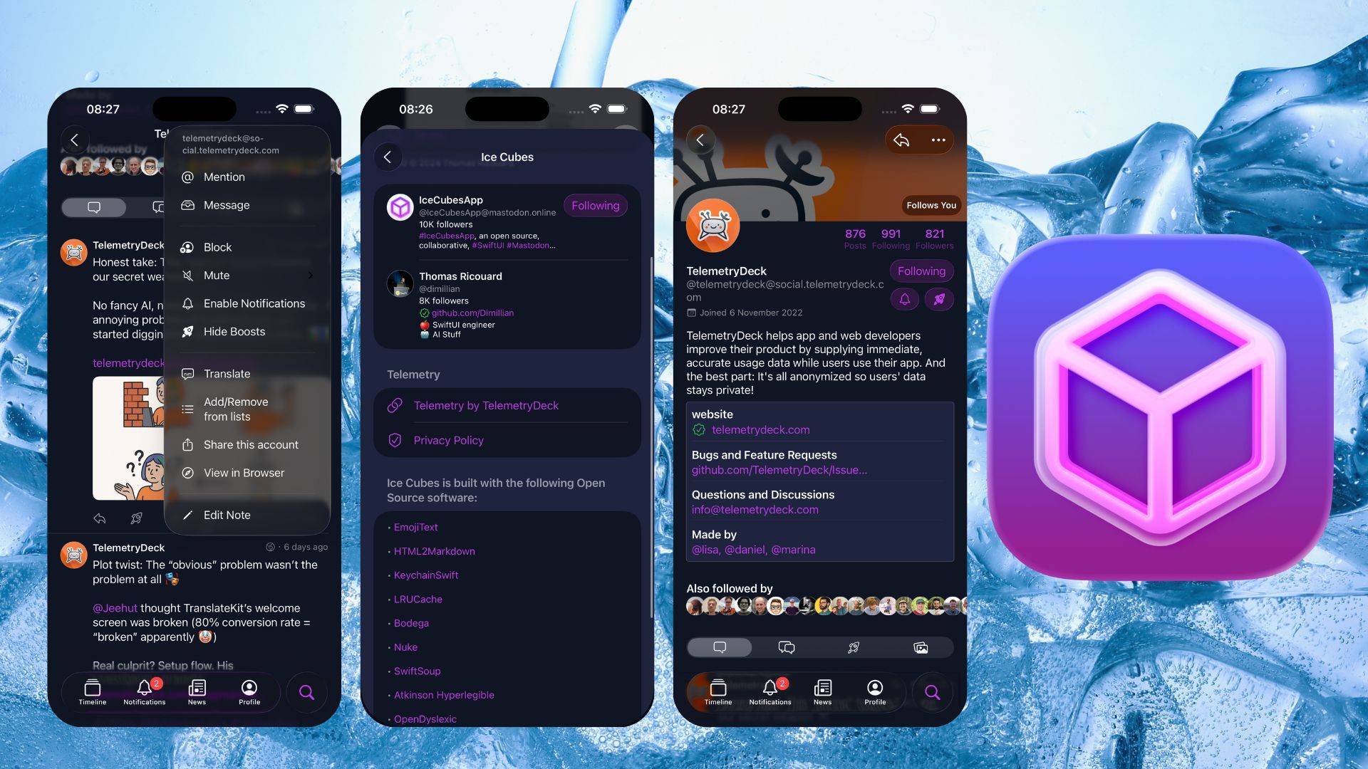 Screenshots and app icomn from Ice Cubes app