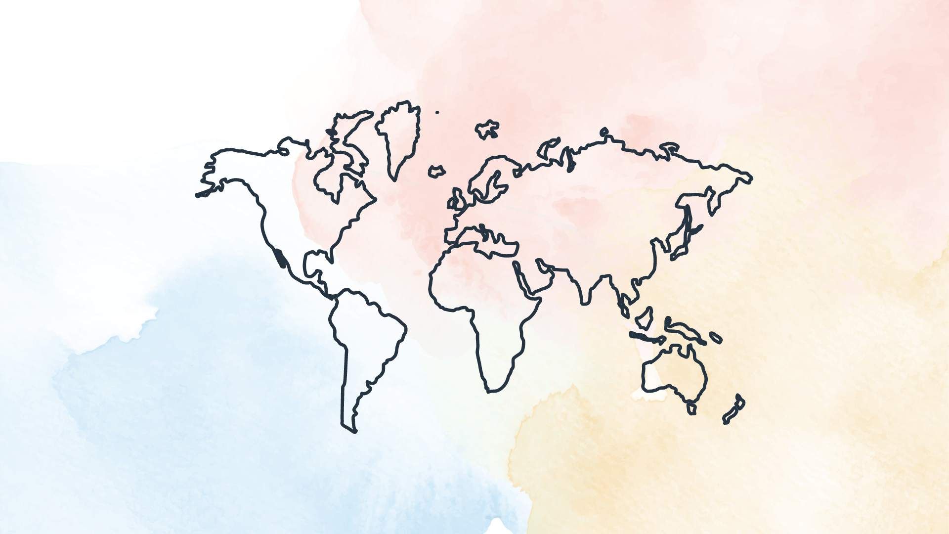 Outline of the world map. The background is white with some light blue, yellow and red watercolor drops.