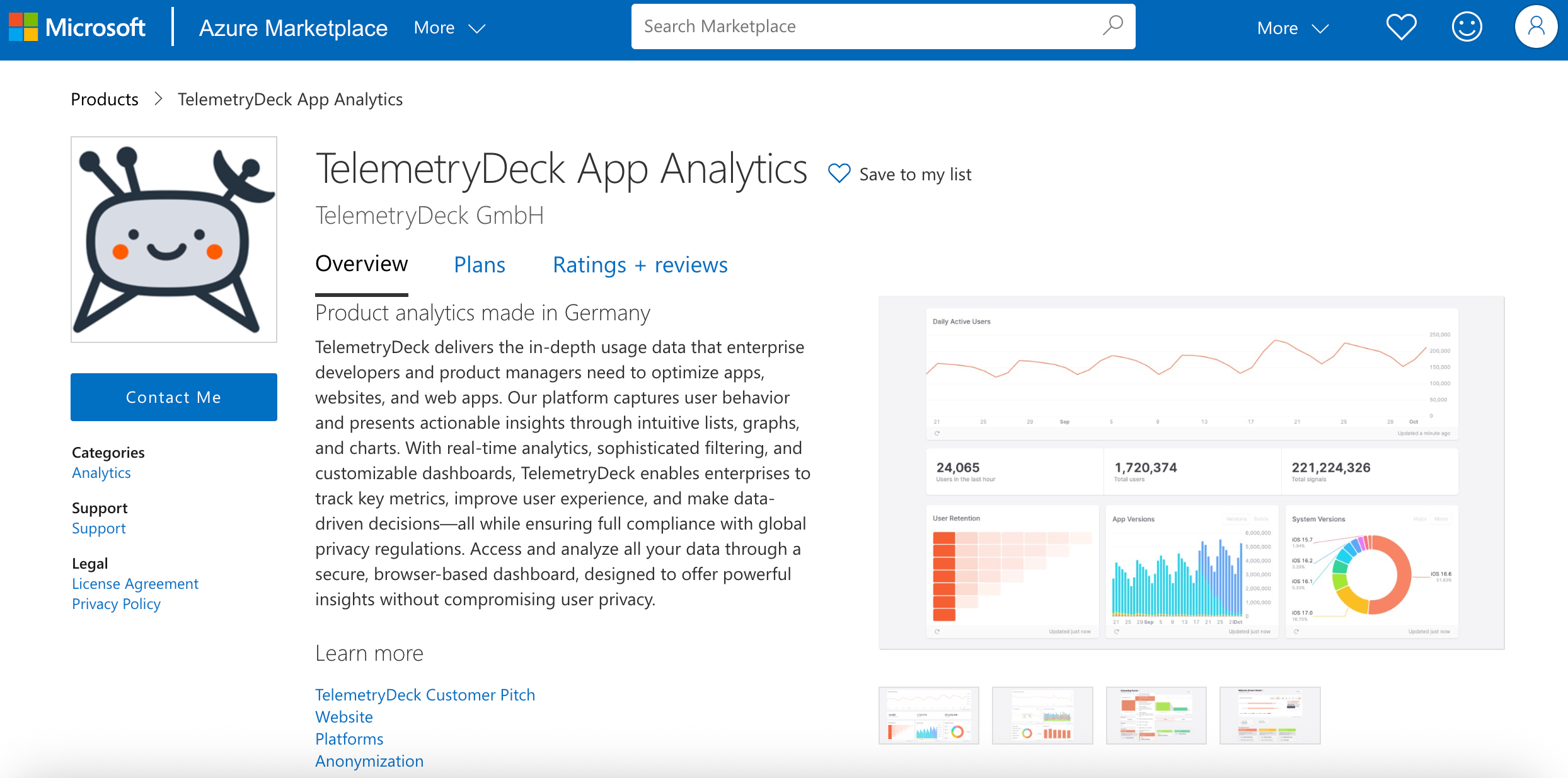 TelemetryDeck's profile via the Microsoft Azure Marketplace