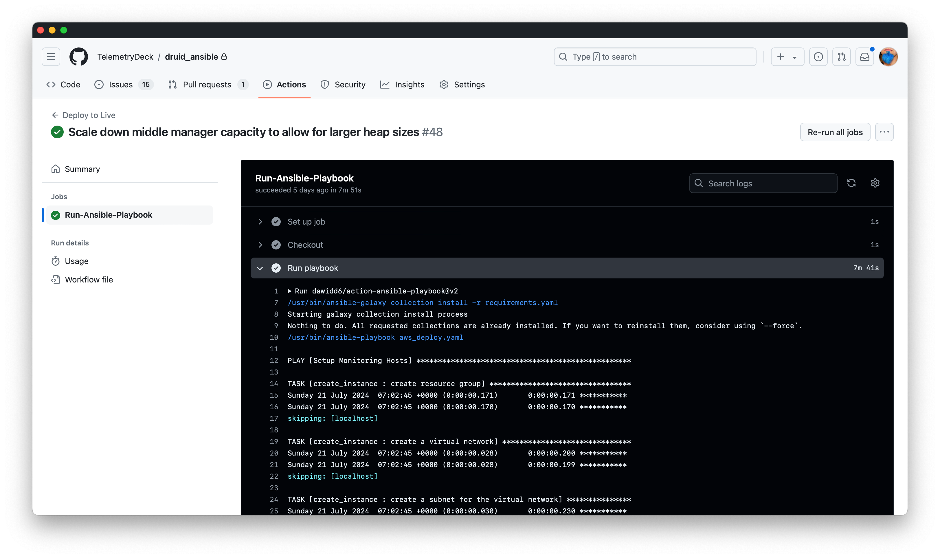 Screenshot of an ansible deployment running in GitHub Actions 