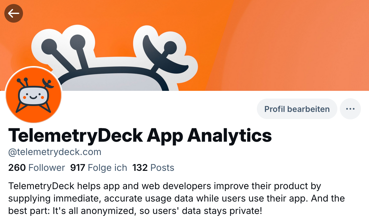 Screenshot of TelemetryDeck's Bluesky profile header: 260 Follower, 917 Following, 132 Posts