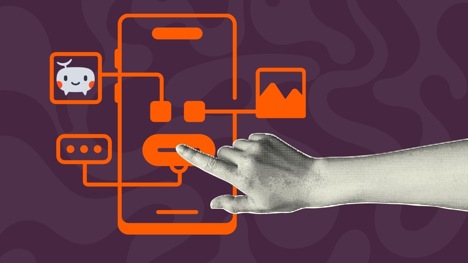 Symbolic image of a hand tapping a button on an app screen