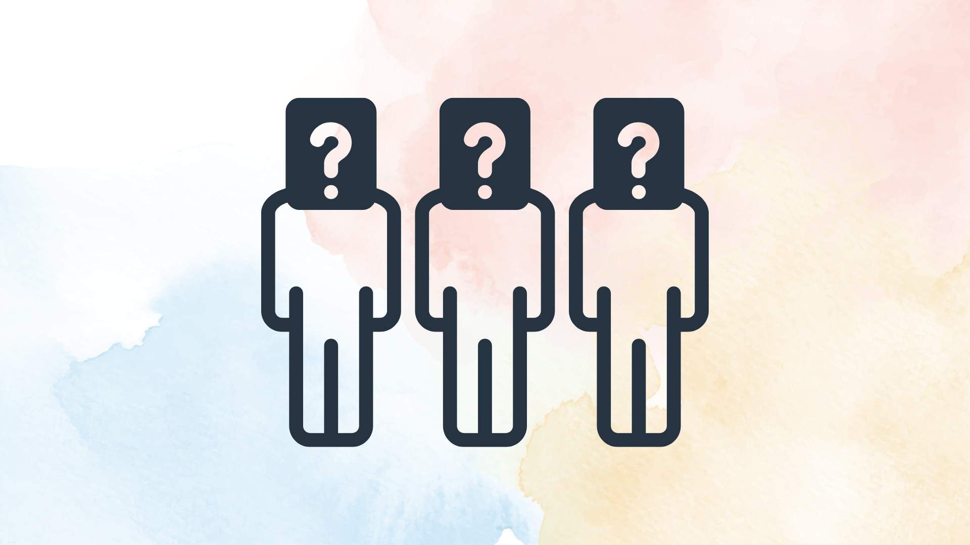 Three stylized silhouettes of people, who have a big question mark as their head. The background is white with some light blue, yellow and red watercolor drops.