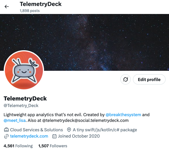 Screenshot from TelemetryDeck's Twitter profile