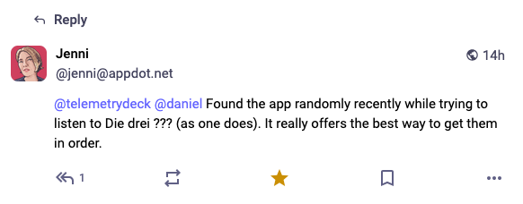 Screenshot from Mastodon Post. User @jenni@adopt.net says: "Found the app randomly recently while trying to listen to Die drei ??? (as one does). It really offers the best way to get them in order."