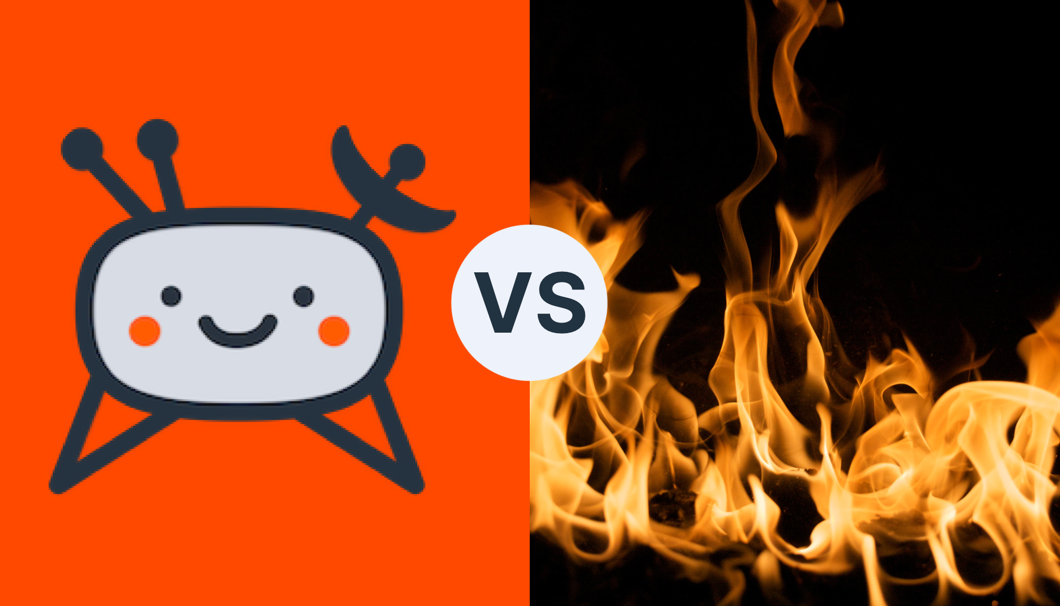 The TelemetryDeck mascot ‘Sondrine’ on the left side, versus fire on a black background for Google Firebase on the right side