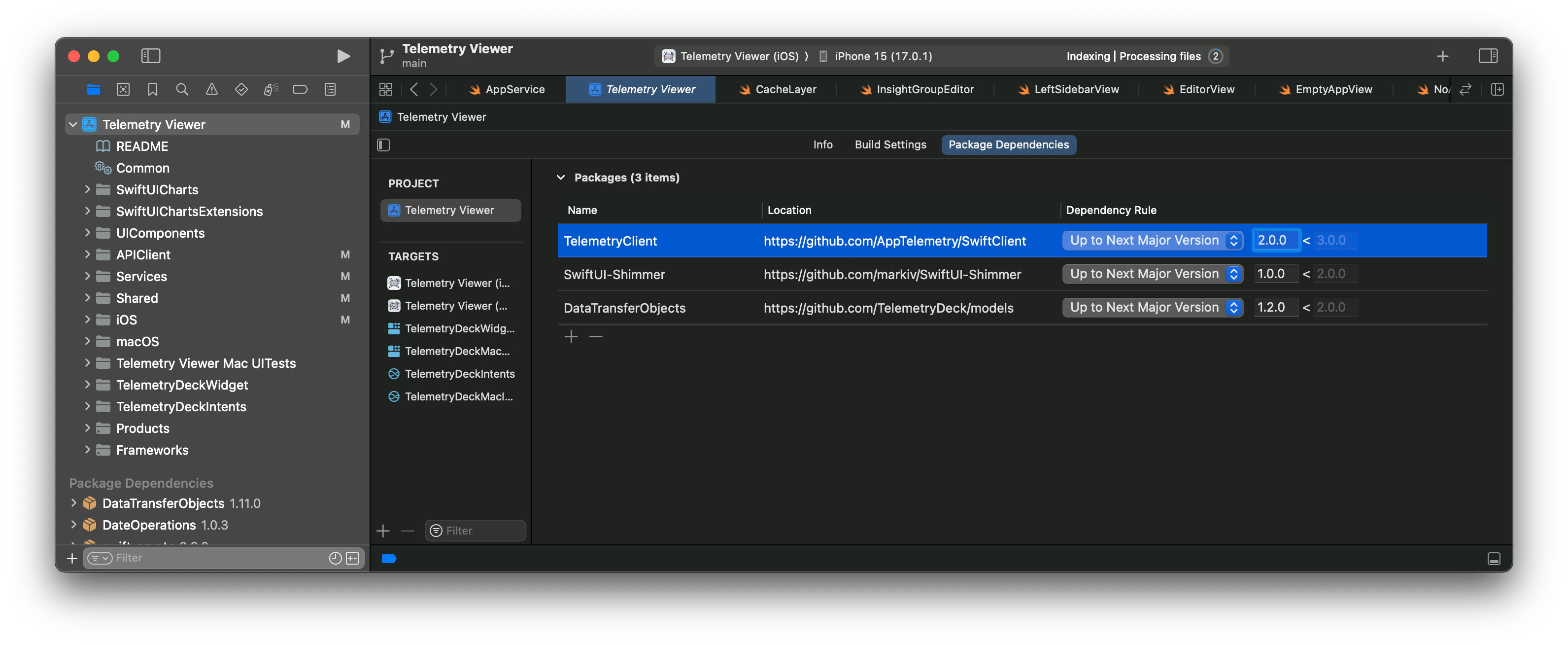 An Xcode screenshot with the TelemetryDeck Swift SDK updated to version 2.0.0