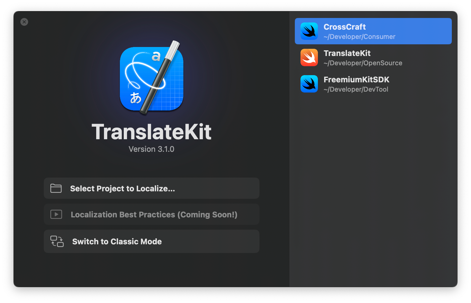 The Welcome window of the App TranslateKit, resembling Xcode