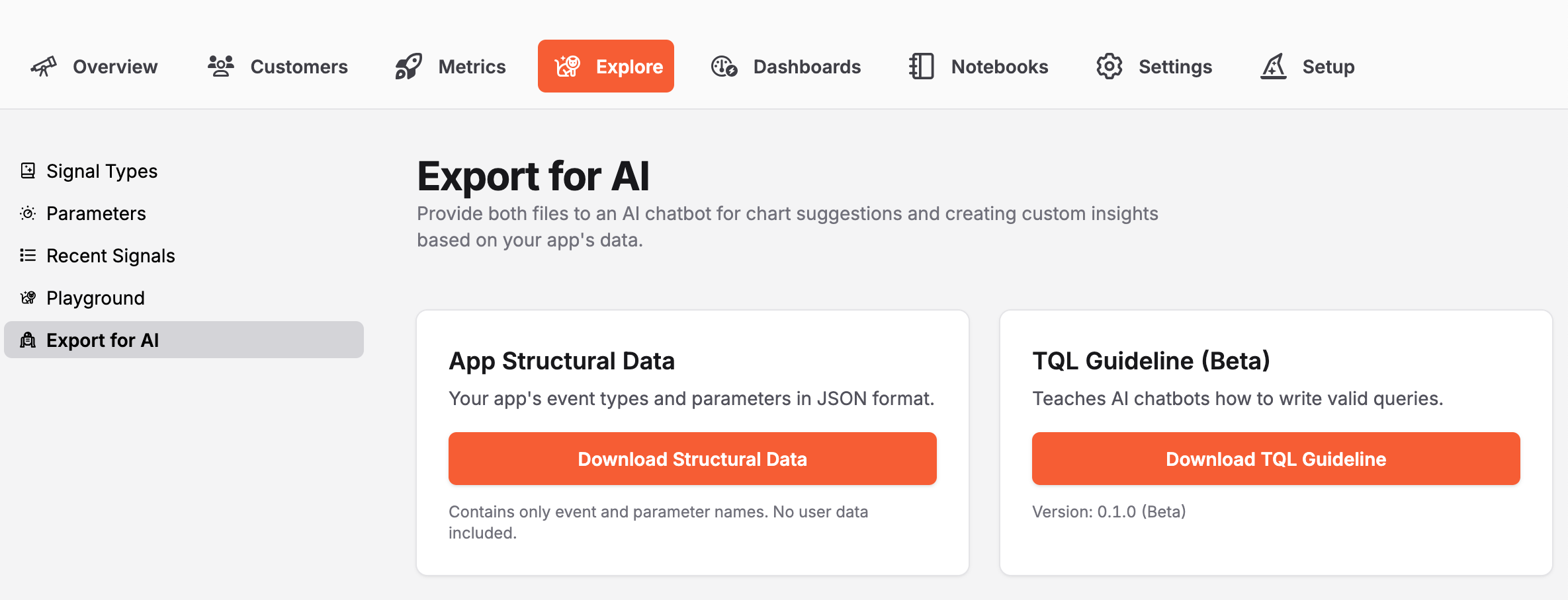 Export for AI offers Structural Data export in JSON format, and TQL Guideline export