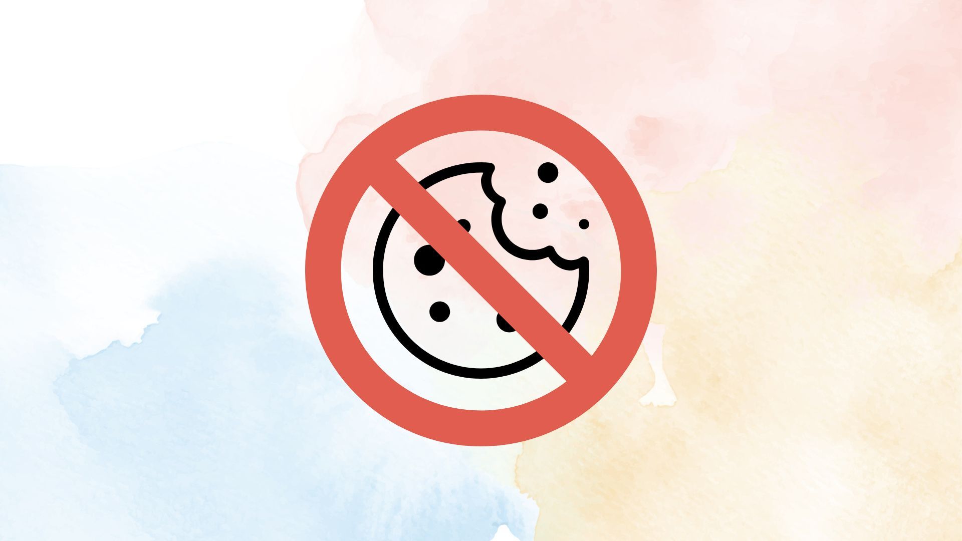 Outline of a cookie that was bitten into, and a red "not allowed" symbol on top of it. The background is white with some light blue, yellow and red watercolor drops.