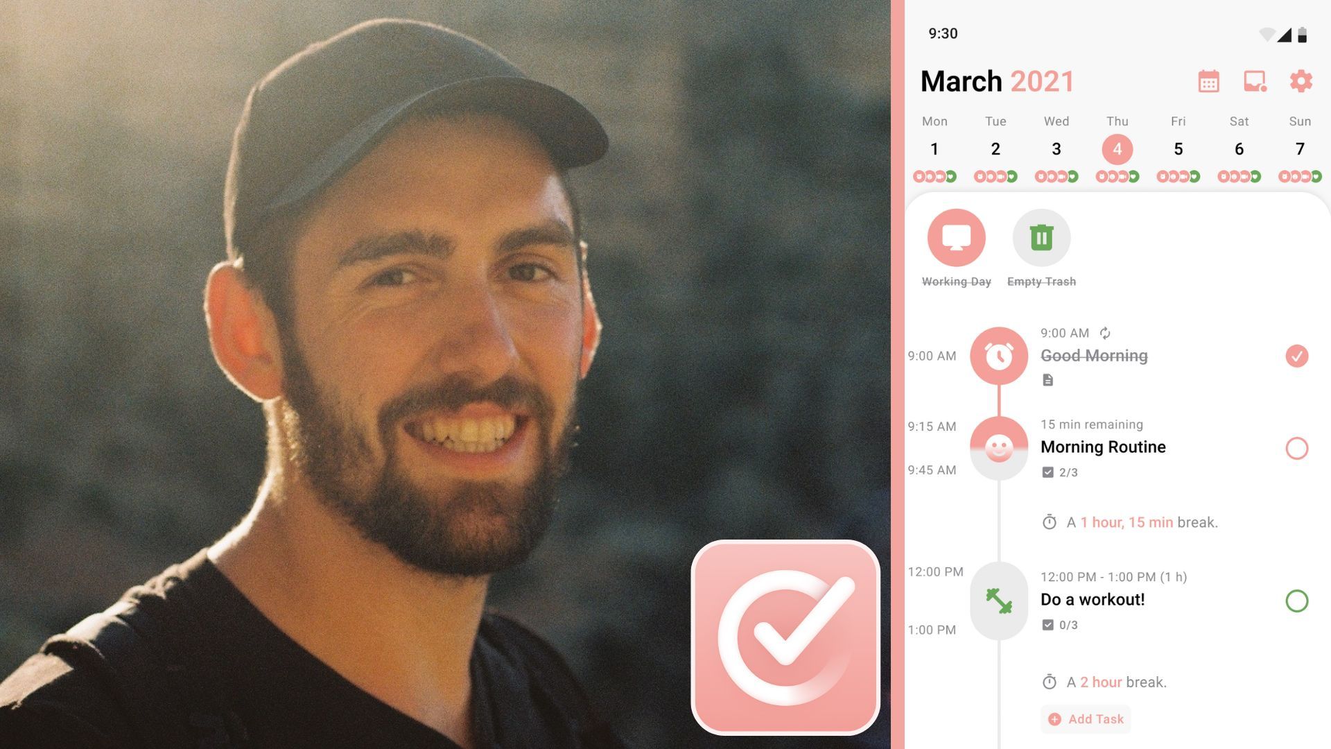Picture of the founder of the Stuctured app, wearing a hat and smiling brightfully. Next to selfie is a screenshot from the app and the logo.