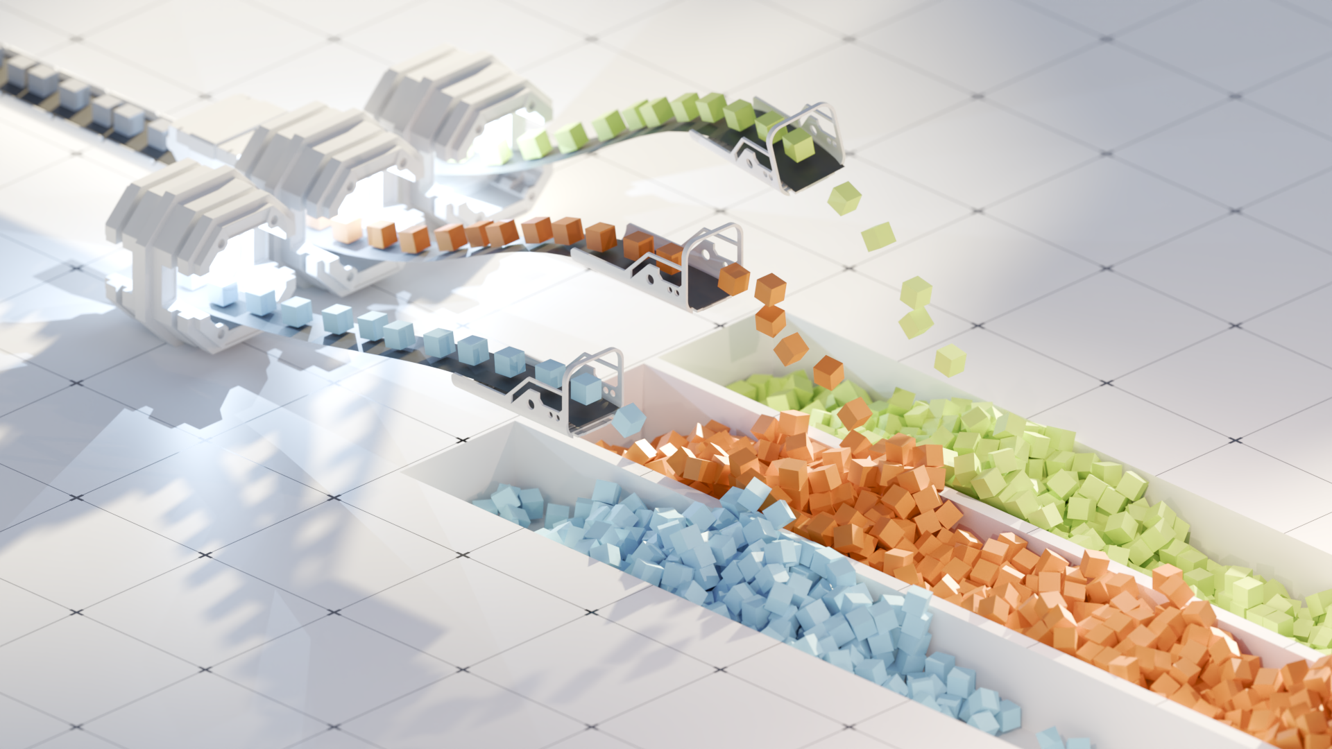 Illustration of multiple conveyor belts transporting colourful boxes, one color per belt