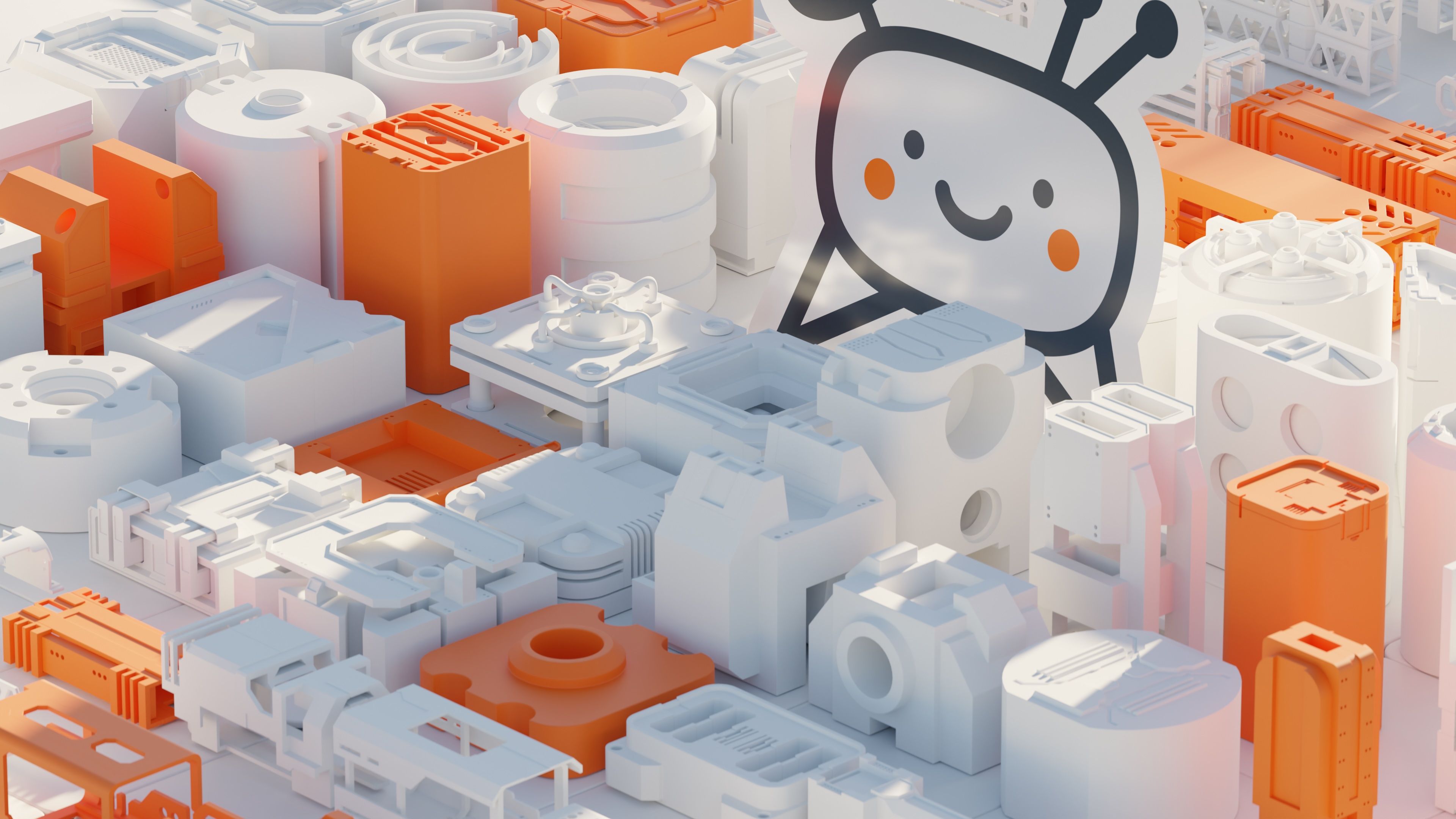 Abstract render of Sondrine in a world of buildings, some of which are orange