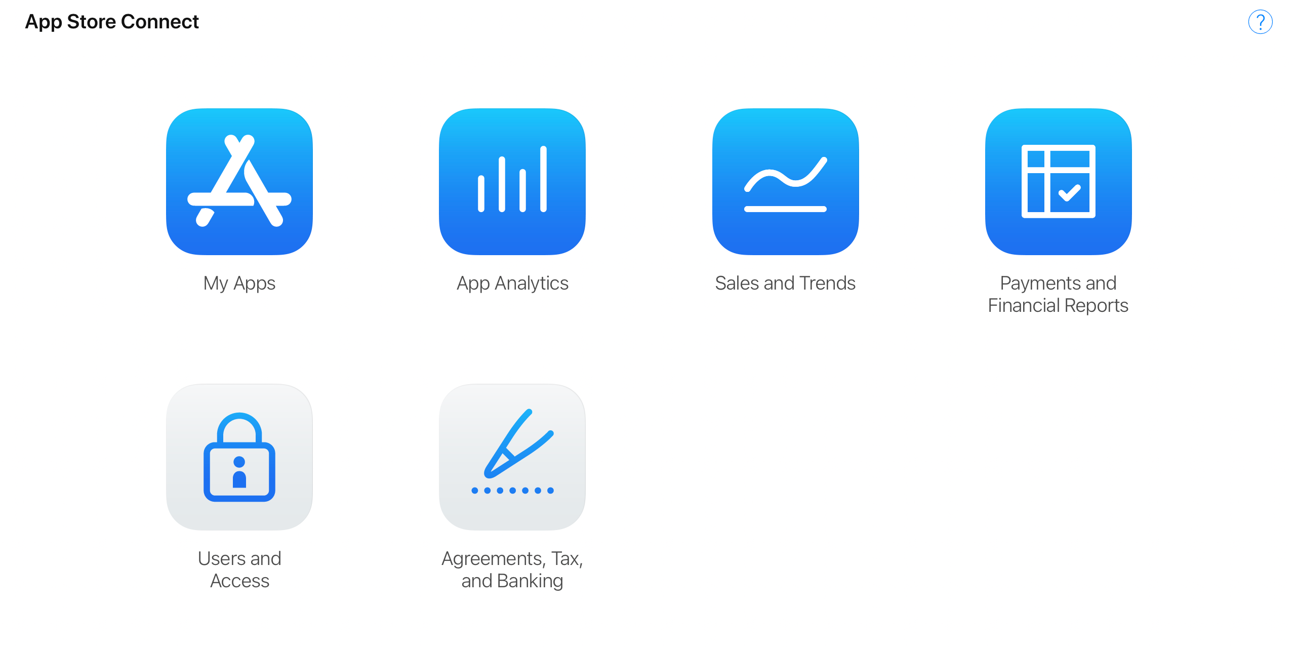 App Store Connect dashboard with "my apps", "app analytics", "sales and trends", "payments", "users and access", and "agreements, tax, and banking" menus