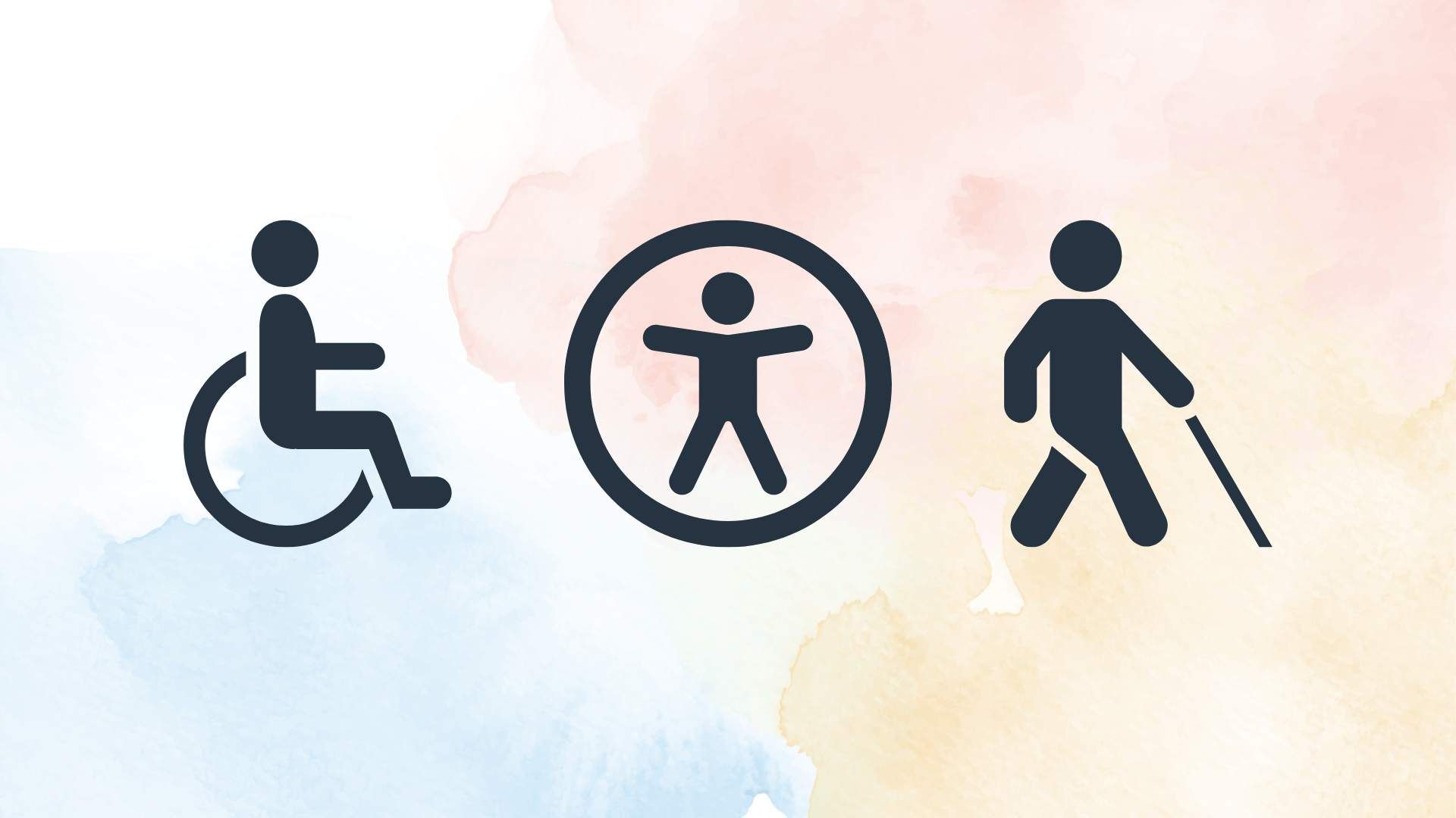 Three stylized silhouettes of people, one sits in a wheelchair, one holds a walking stick, and the last one is inside a circle and spreads their arms and legs. The background is white with some light blue, yellow and red watercolor drops.