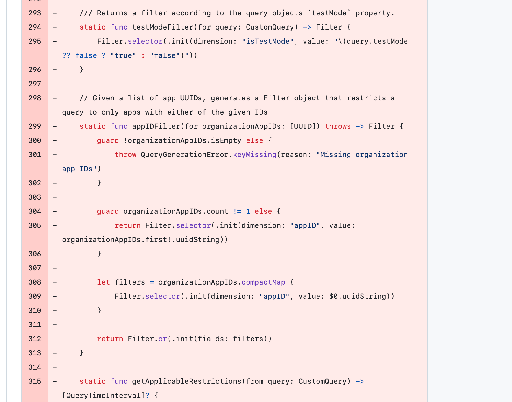 Git screenshot of a lot of lines of code being removed. The code deals with creating various filter objects and creating them with existing filters.