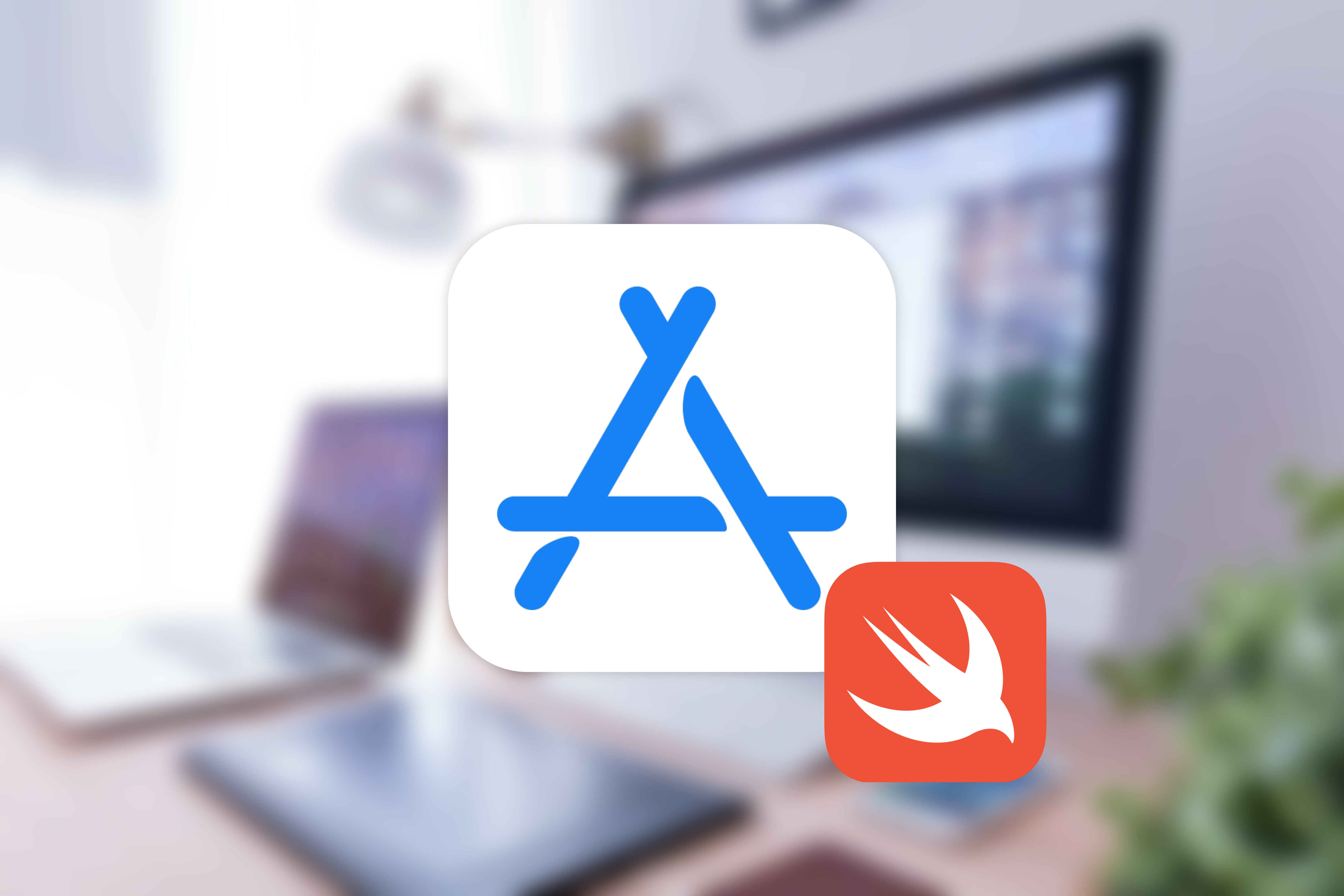 An App Store Connect logo in front of a blurred image of an brightly lit work desk. At the right corner of the App Store Connect logo is the Swift Logo.