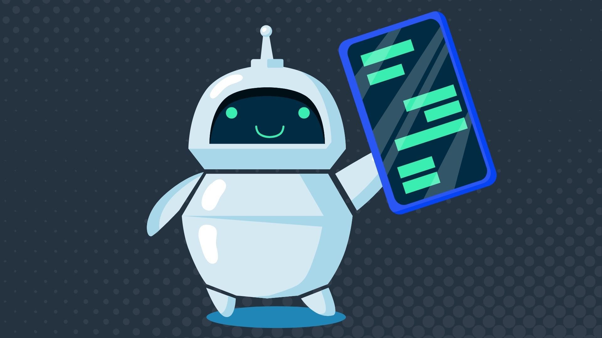 A cute little robot is smiling and waving with a mobile phone.