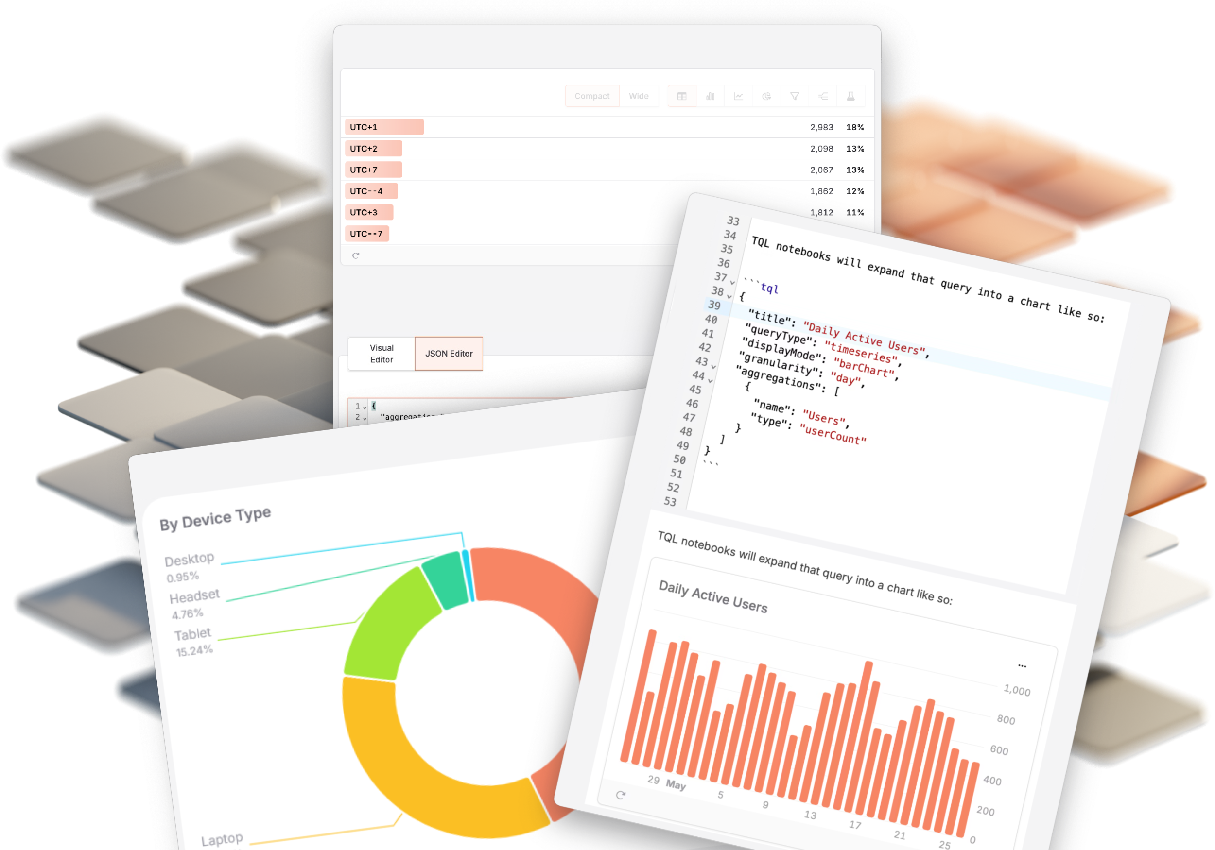 Symbolic image: Three different screenshots from TelemetryDecks charts and query language