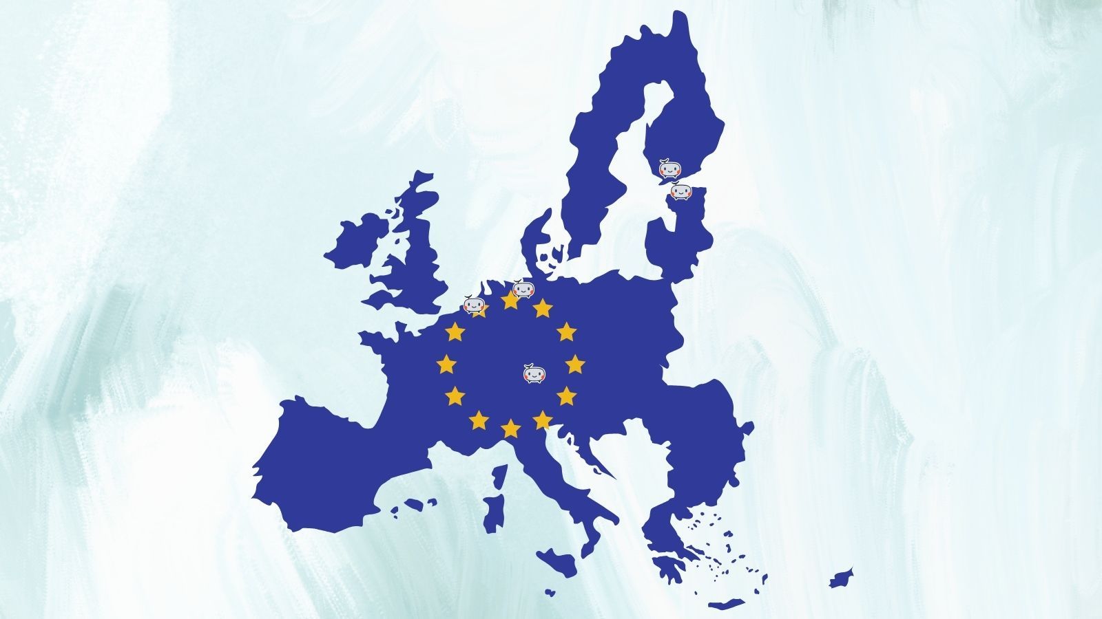 Mockup of Europe with little TelemetryDeck mascots where people or servers are based.