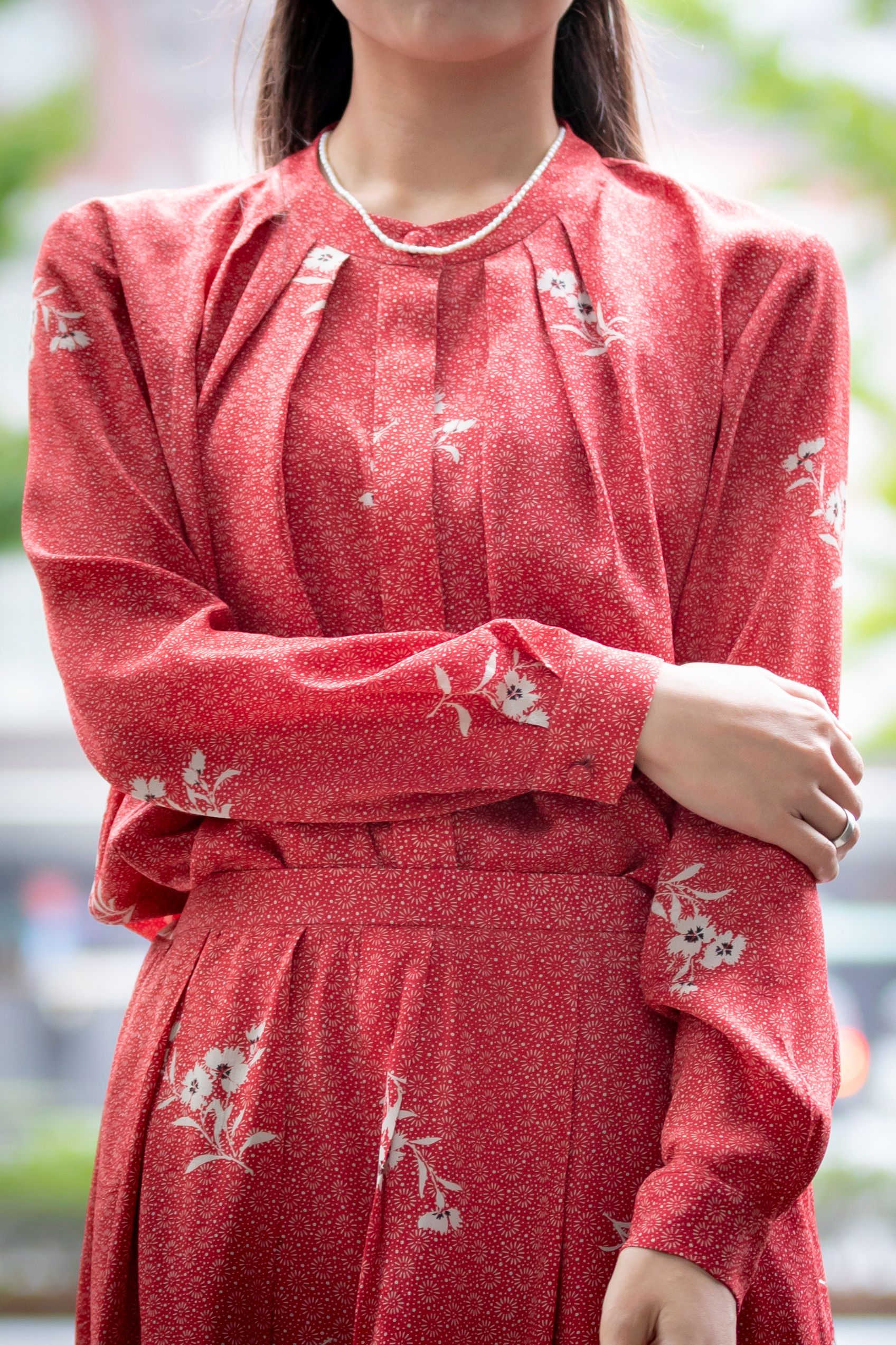 赤い花柄プリーツ着物ドレス