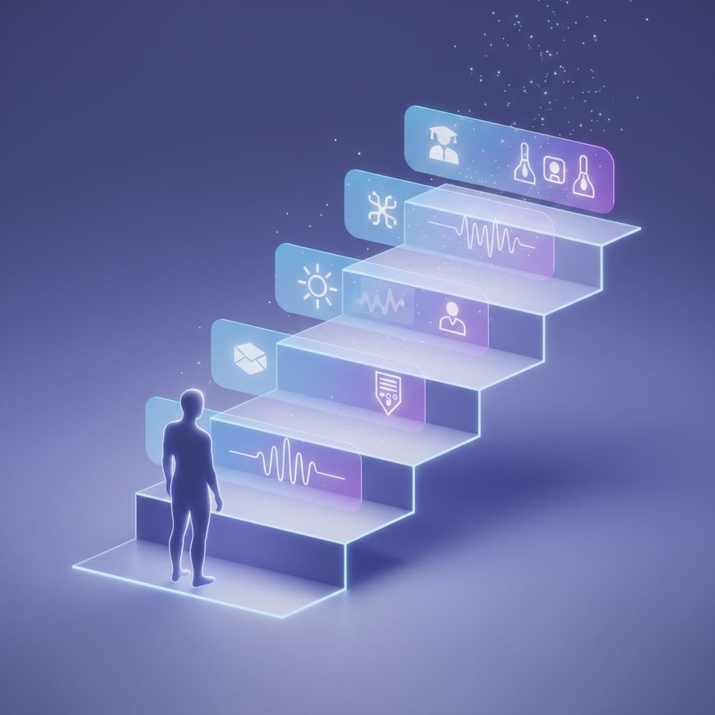 Futuristic illustration of a human figure growing upwards through layered holographic UI panels, symbolising human growth and amplitie